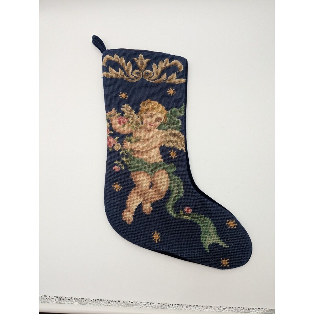 Vtg 1991 WOOL NEEDLEPOINT Embroidered CHERUB Angel Blue Christmas STOCKING